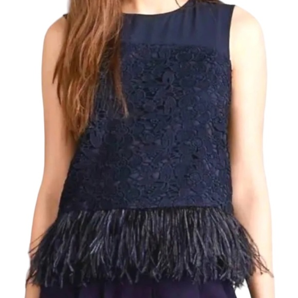 Anthropologie Greylin Navy Lace‎ Chiffon Sleeveless top SMALL Ostrich Feathers - Picture 1 of 10